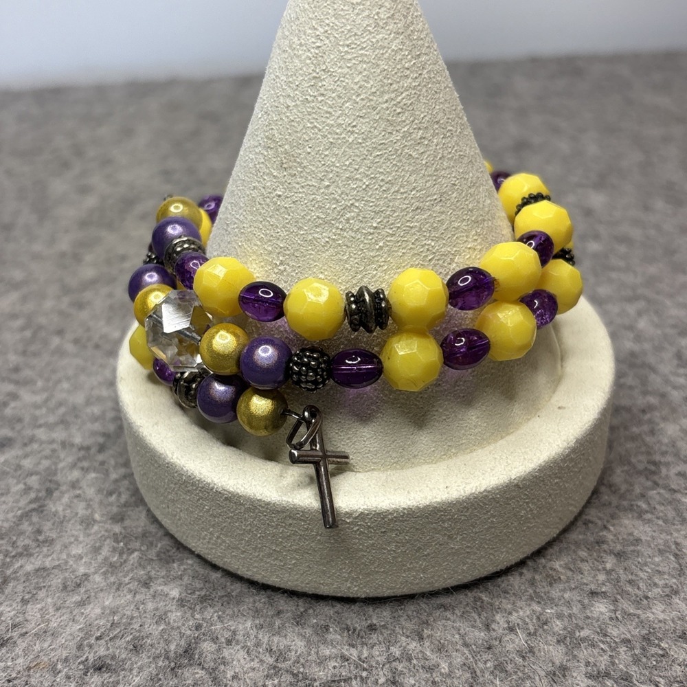 Purple Yellow Beaded Memory Wire Wrap Bracelet Cross Charm Silver Tone